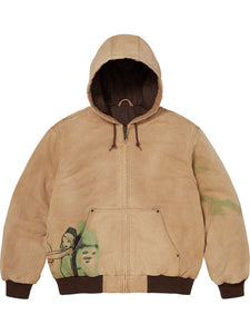 Front view of the grey hooded jacket with hood up, highlighting the ribbed cuffs and drawcord hood.