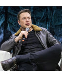 Tesla Boss Elon Musk Black Fur Collar Leather Jacket