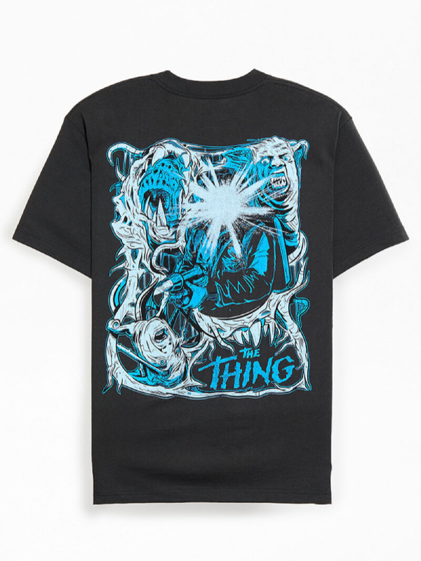 Back view of black t-shirt featuring full blue and white creature illustration and The Thing movie title