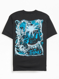 Back view of black t-shirt featuring full blue and white creature illustration and The Thing movie title