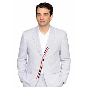 Tiny Fugitives 2026 Jay Baruchel white striped blazer