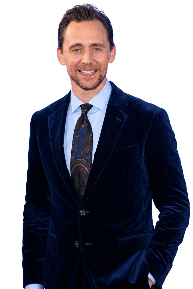 Tenzing premiere Tom Hiddleston blue velvet blazer